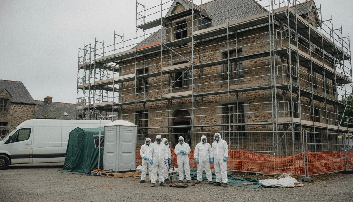 Équipe de désamiantage en combinaison devant un bâtiment du pays de Brest