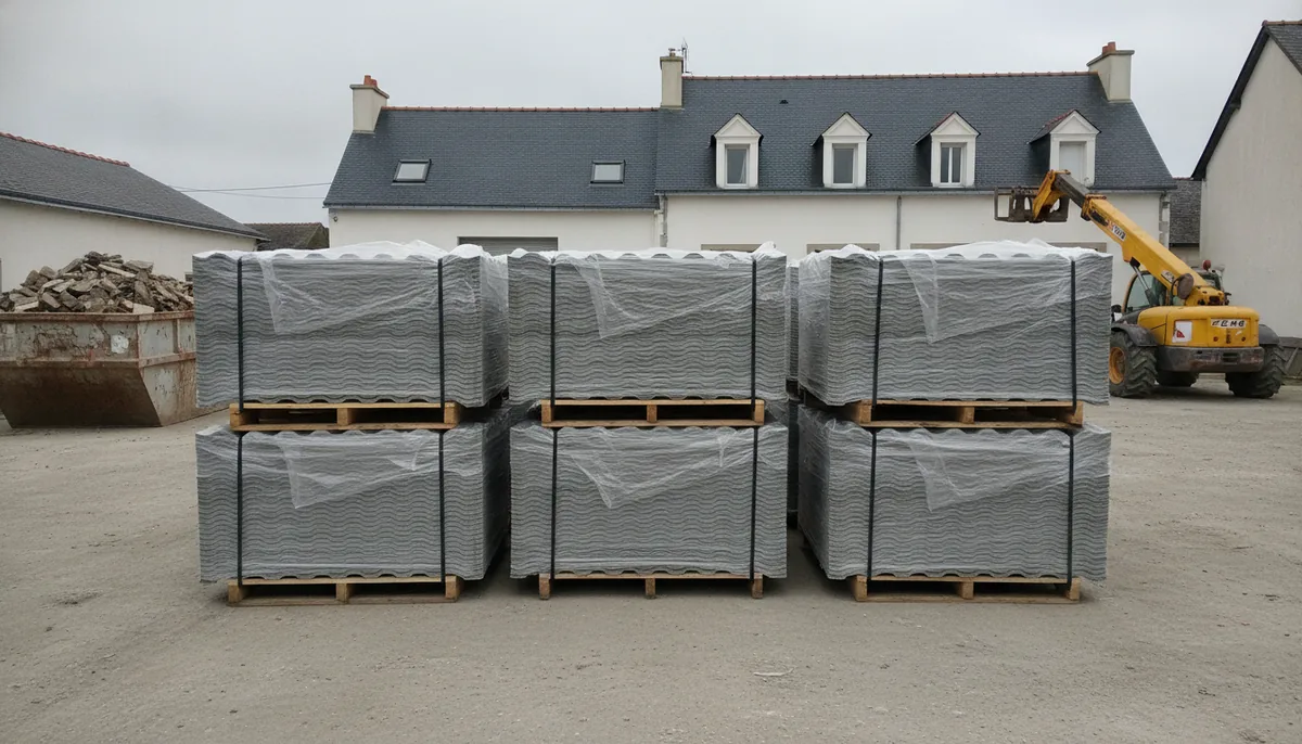 Chantier de désamiantage à Brest avec palettes de plaques de fibrociment filmées