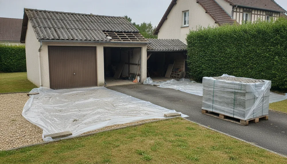 Toiture de garage en plaques de fibrociment déposée à Bohars