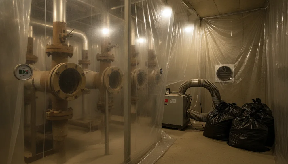 Réseau de vapeur d'un bâtiment technique d'Ergué-Gabéric mis à nu sous confinement après retrait du calorifuge